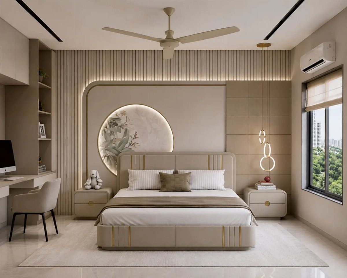 Modern beige master bedroom with a circular wall feature and minimalist furniture.