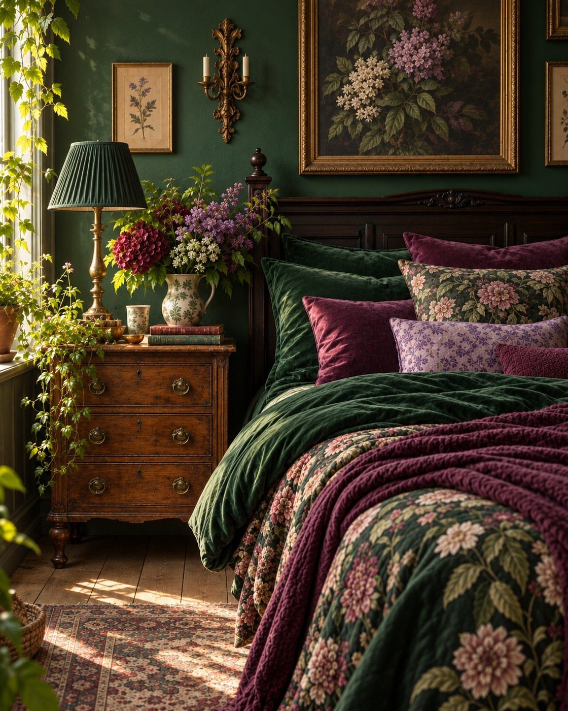Dark forest green bedroom with floral magenta and green bedding and wooden furniture.