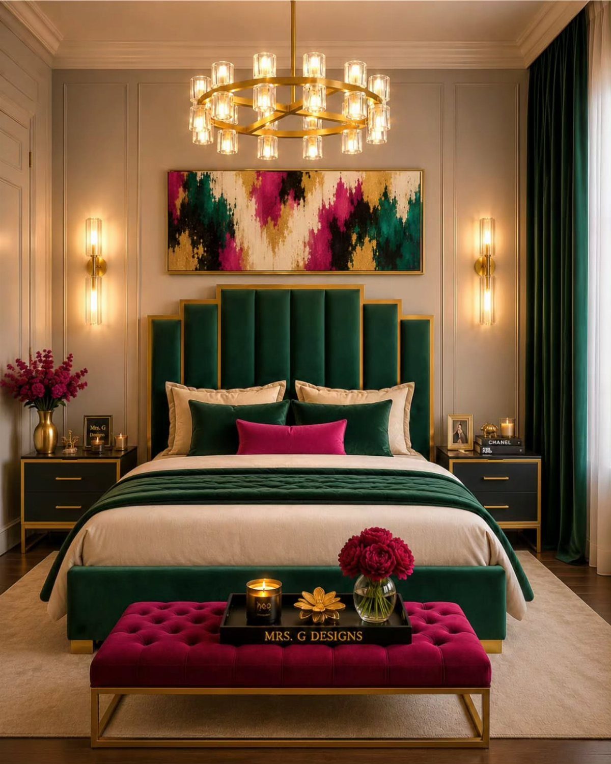 Luxurious bedroom with green velvet furniture, magenta accents, and gold metallic lighting fixtures.