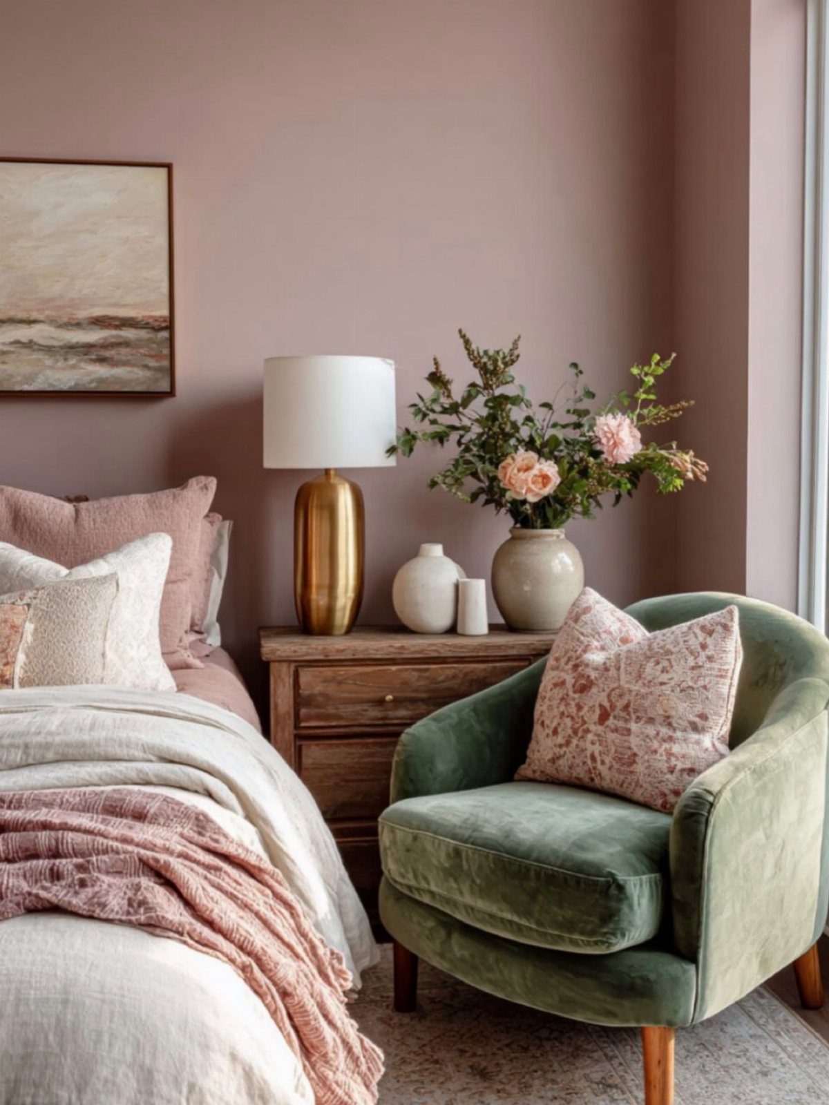 Bedroom with rose walls, green velvet armchair, and pink floral arrangements on nightstand.