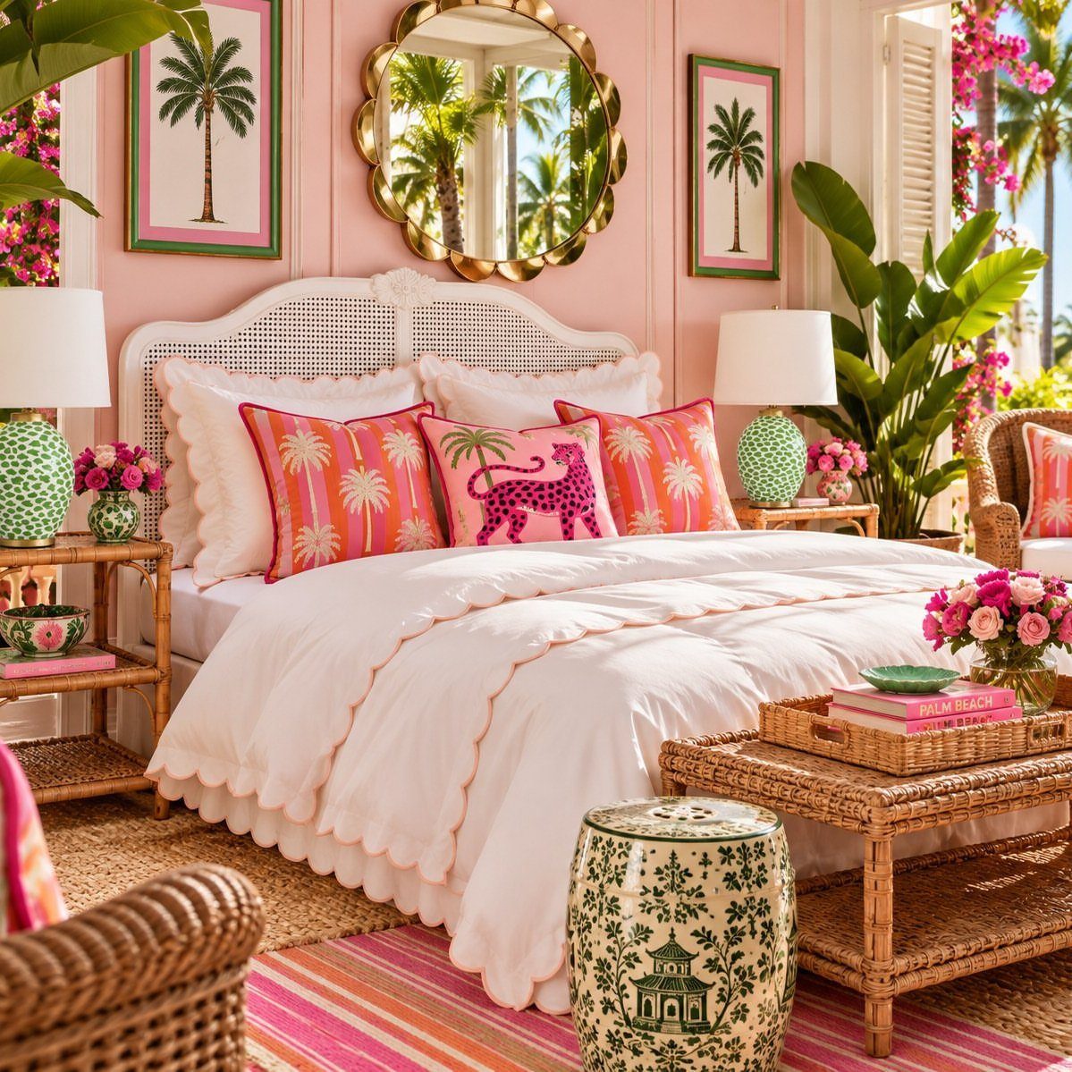 Pink bedroom with tropical palm tree pillows, wicker furniture, and lush green plants.