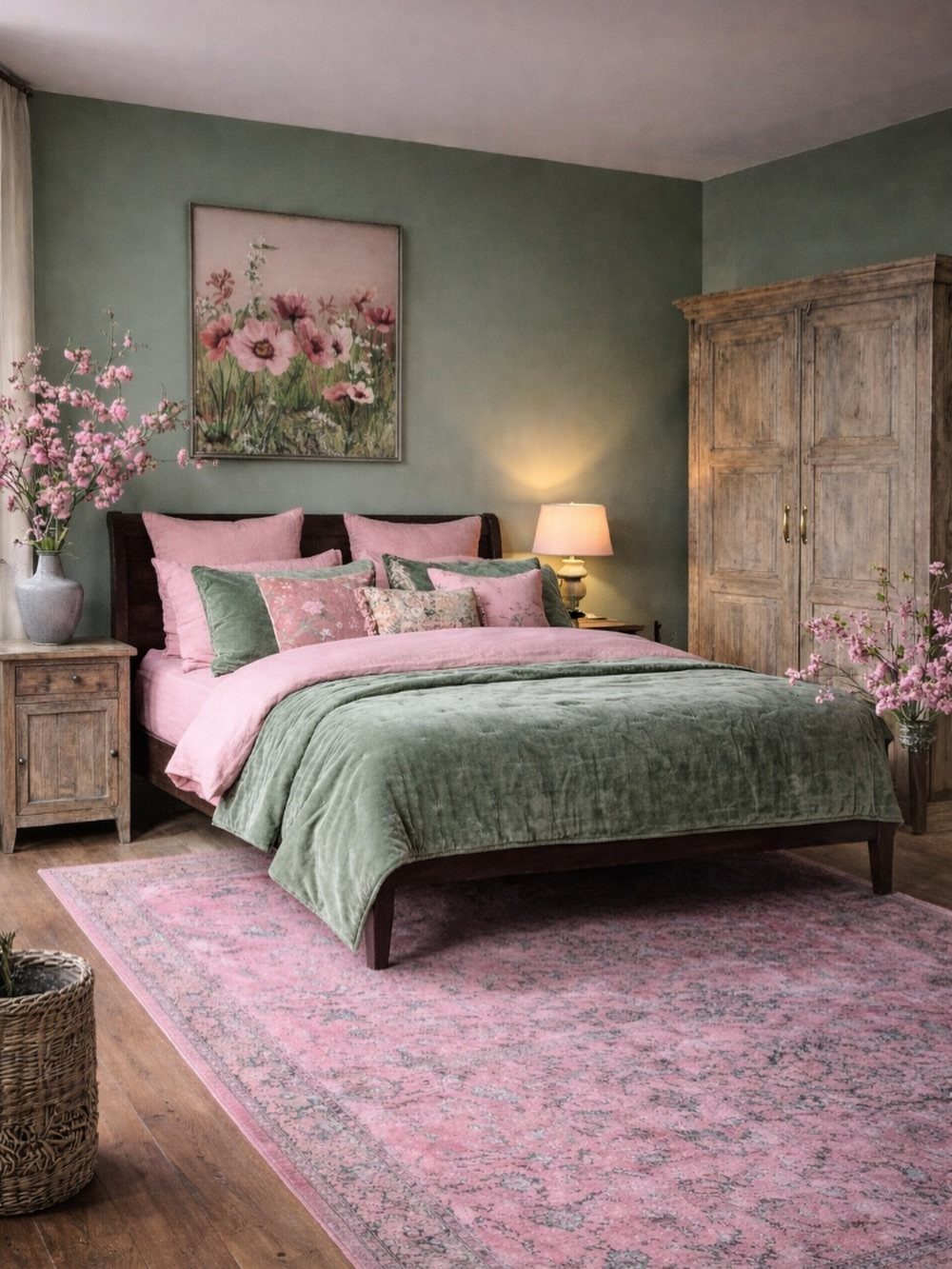 Bedroom with sage green walls, pink and green bedding, and a pink rug.