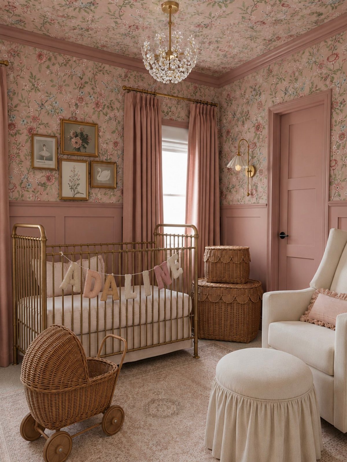 Gold metal crib and wicker baby carriage in a pink floral nursery room.