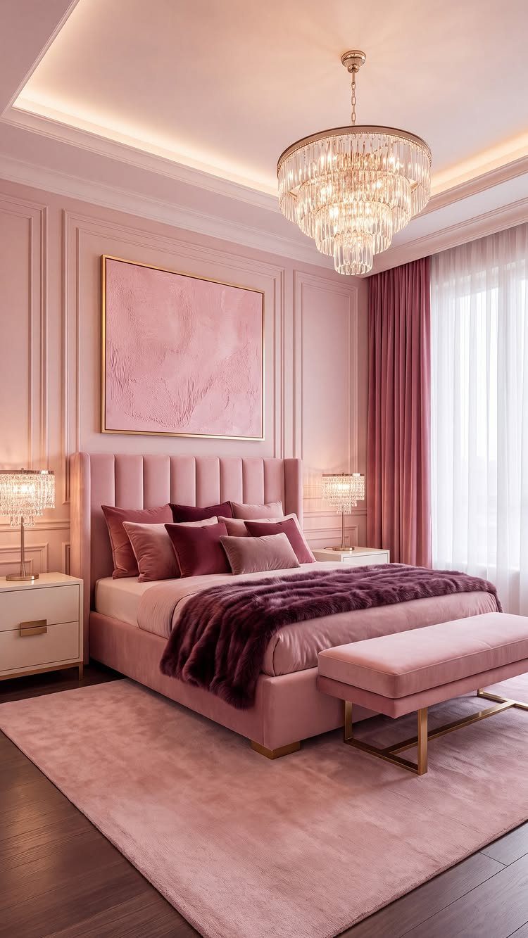 Blush pink velvet headboard in a luxurious bedroom with purple bedding and chandelier.