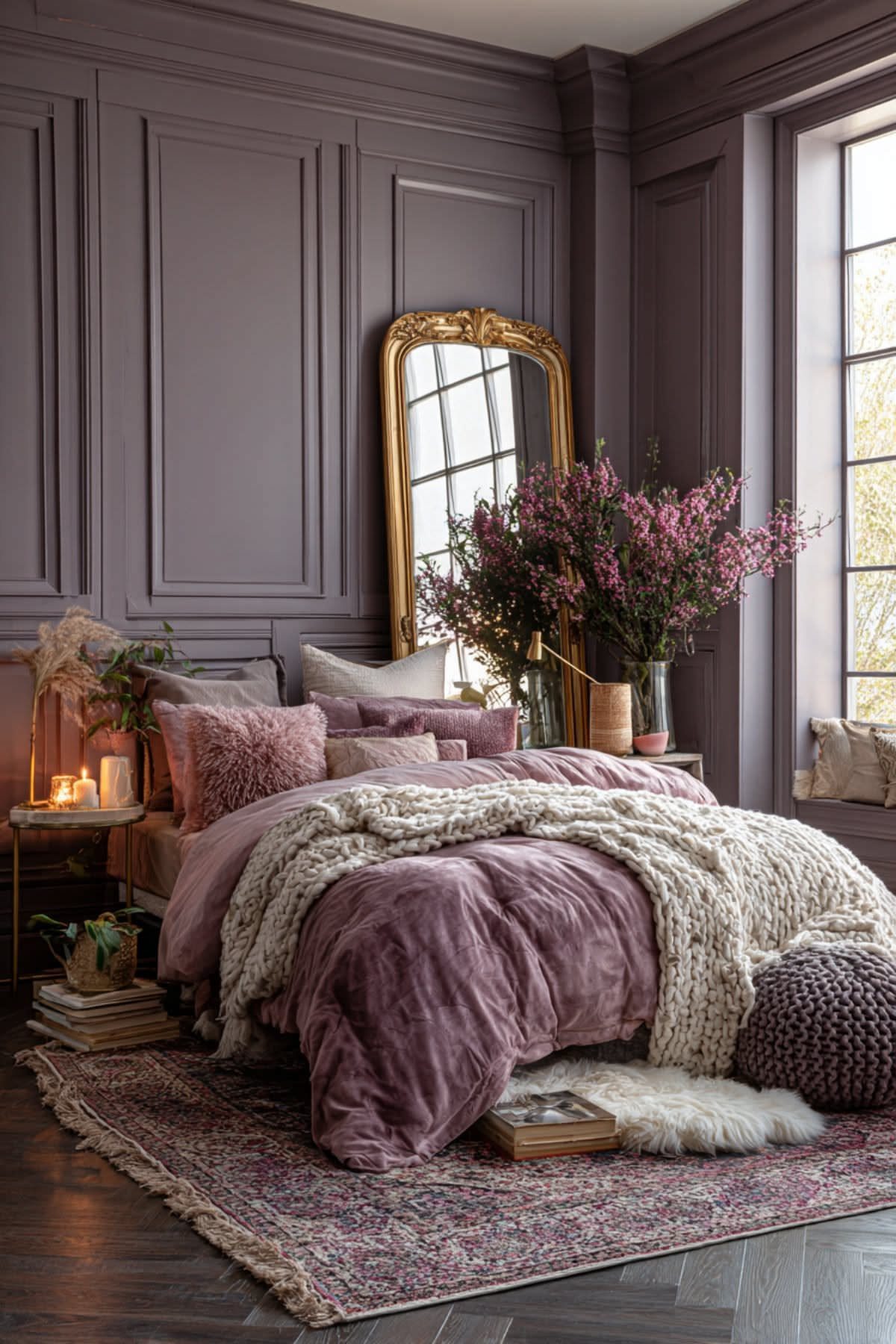 Dusty rose paneled bedroom with purple velvet bedding and a gold ornate mirror.