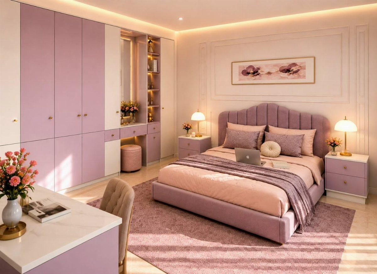 Purple tufted bed with pink bedding in a modern purple and white bedroom