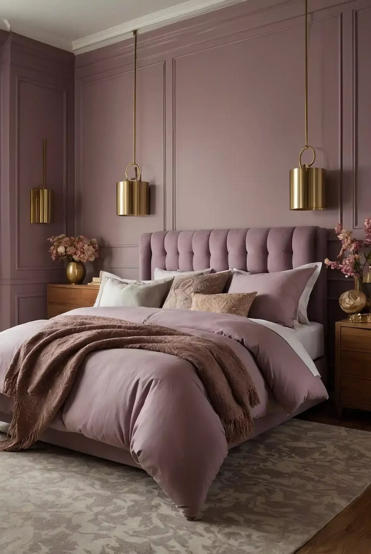 Mauve-purple paneled bedroom with a matching tufted headboard and soft pink bedding.