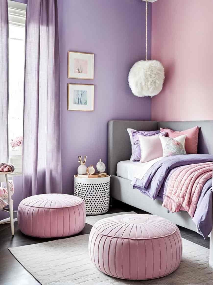 Bedroom with purple and pink walls, grey bed, and two pink pleated ottomans.