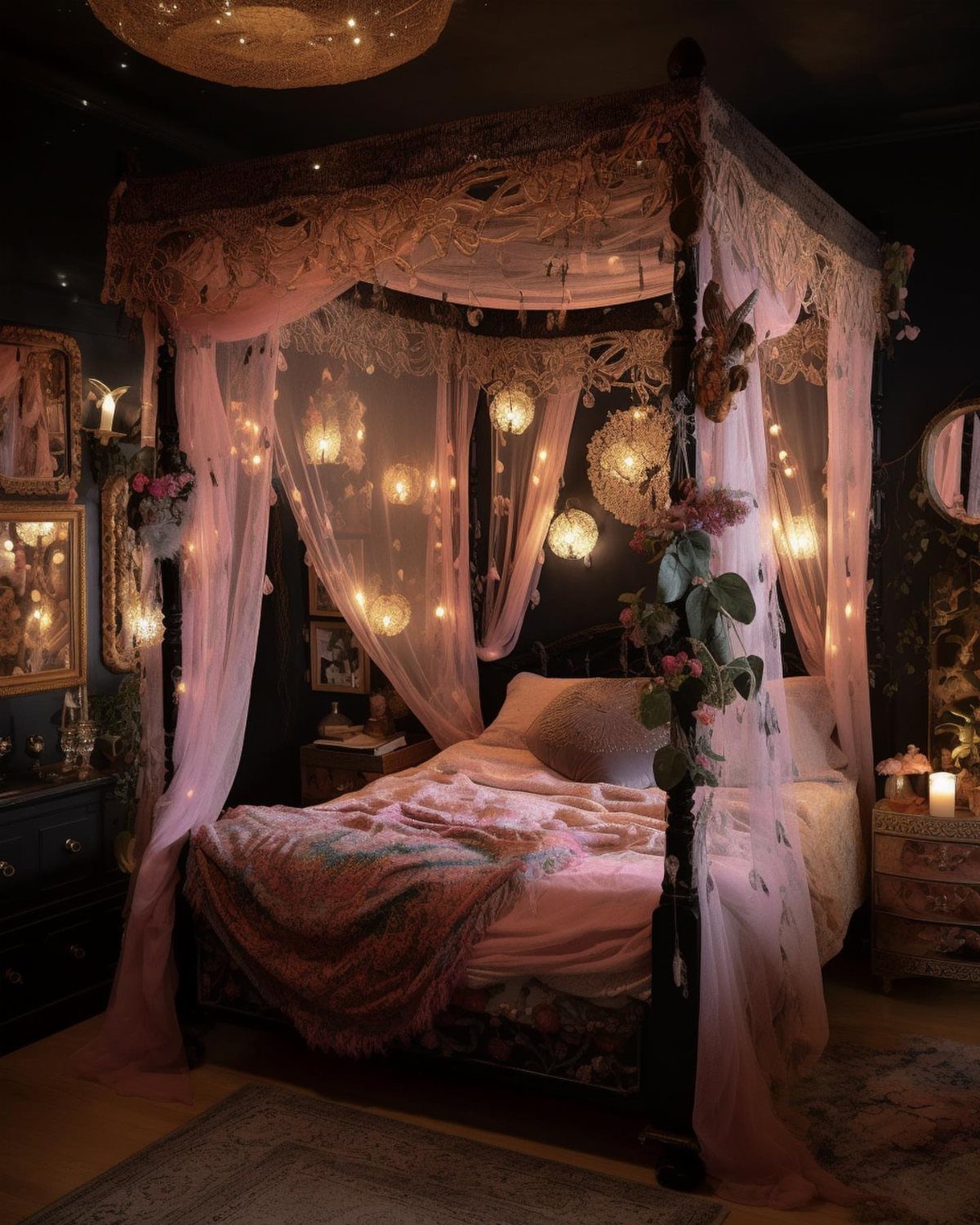 Four-poster bed with pink canopy curtains and bedding against a dark purple wall.