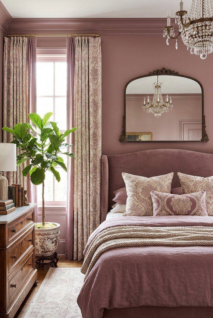 Plum bedroom with velvet headboard, pale pink accents, and a crystal chandelier.