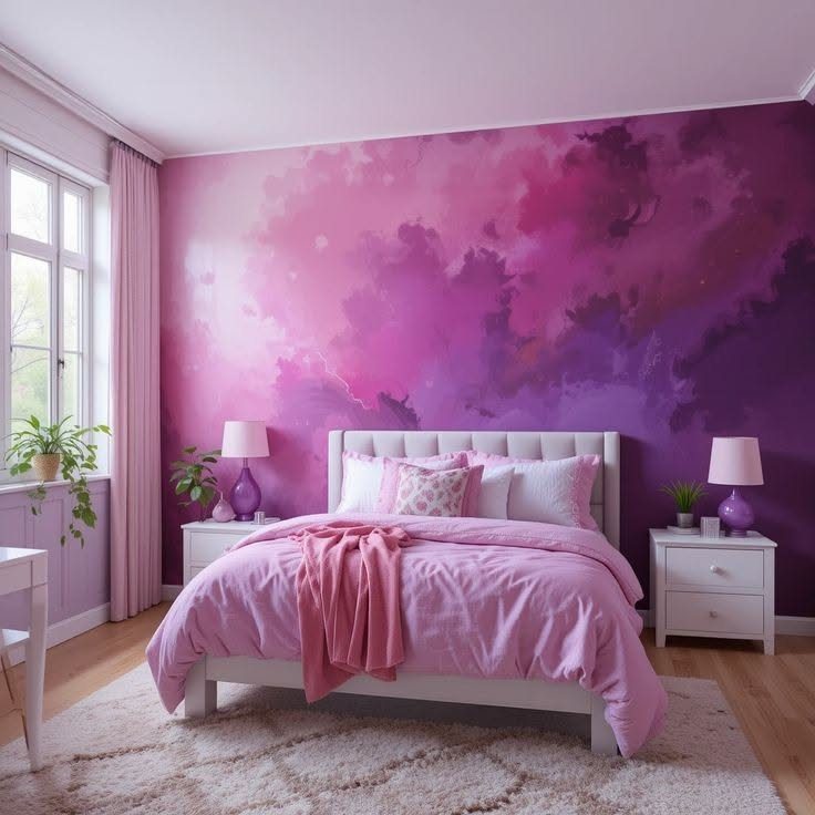 Bedroom with purple abstract mural wall and a bed with pink bedding.