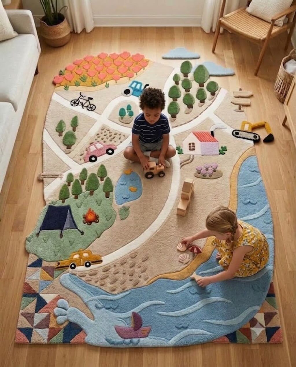 Two children playing on a large, colorful town-themed play rug on wood flooring.