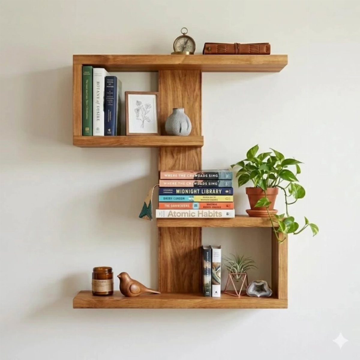 Wooden geometric wall shelf holding books, a small plant, and decorative home accessories.