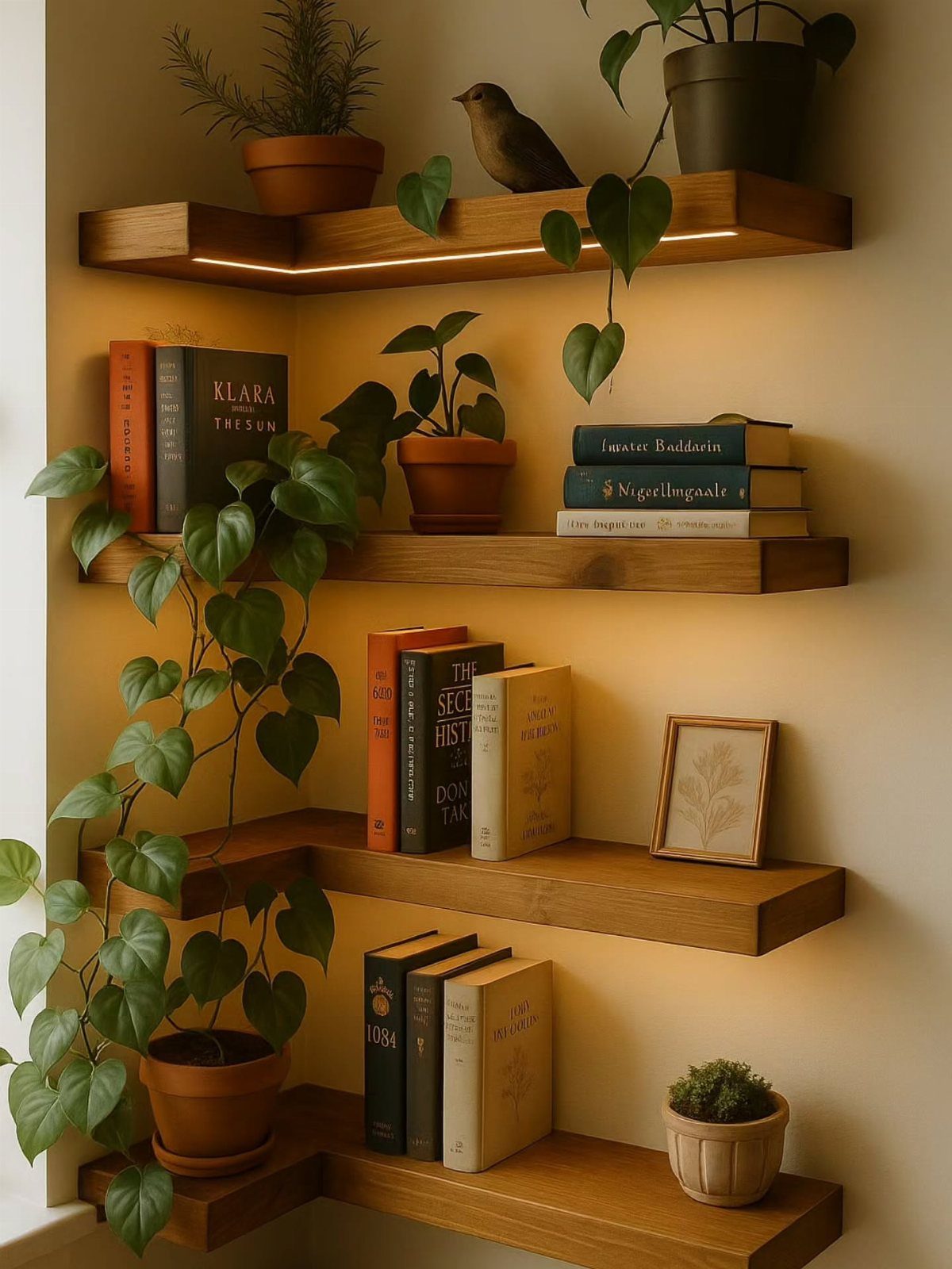 Wooden corner shelves with books, plants, and integrated lighting on a yellow wall.