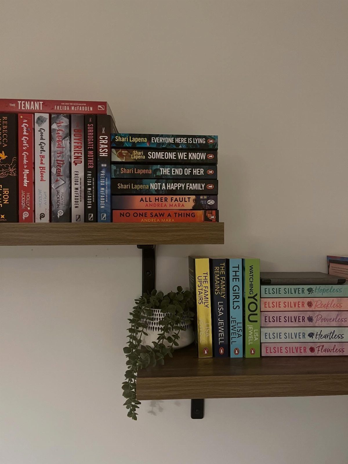 Brown wooden wall shelves with black brackets holding books and a small plant.