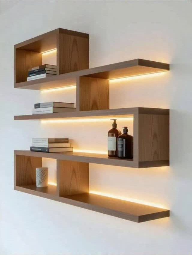 Brown wooden floating shelves with warm LED lighting holding books and bottles on white wall