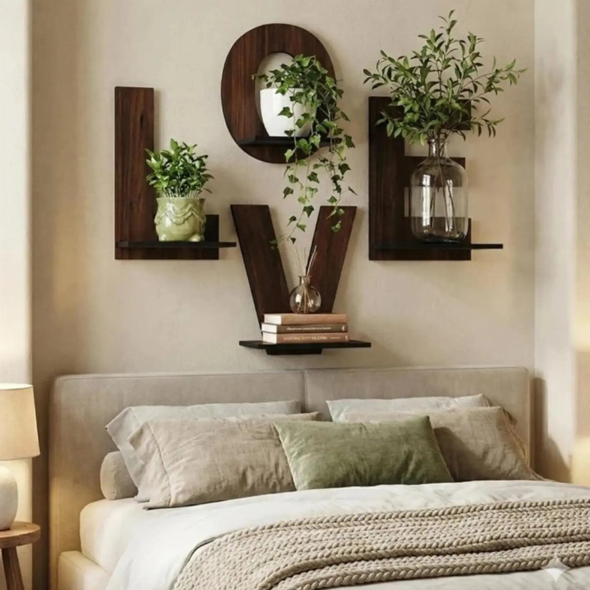 Geometric dark wood wall shelves with plants above a neutral toned bed