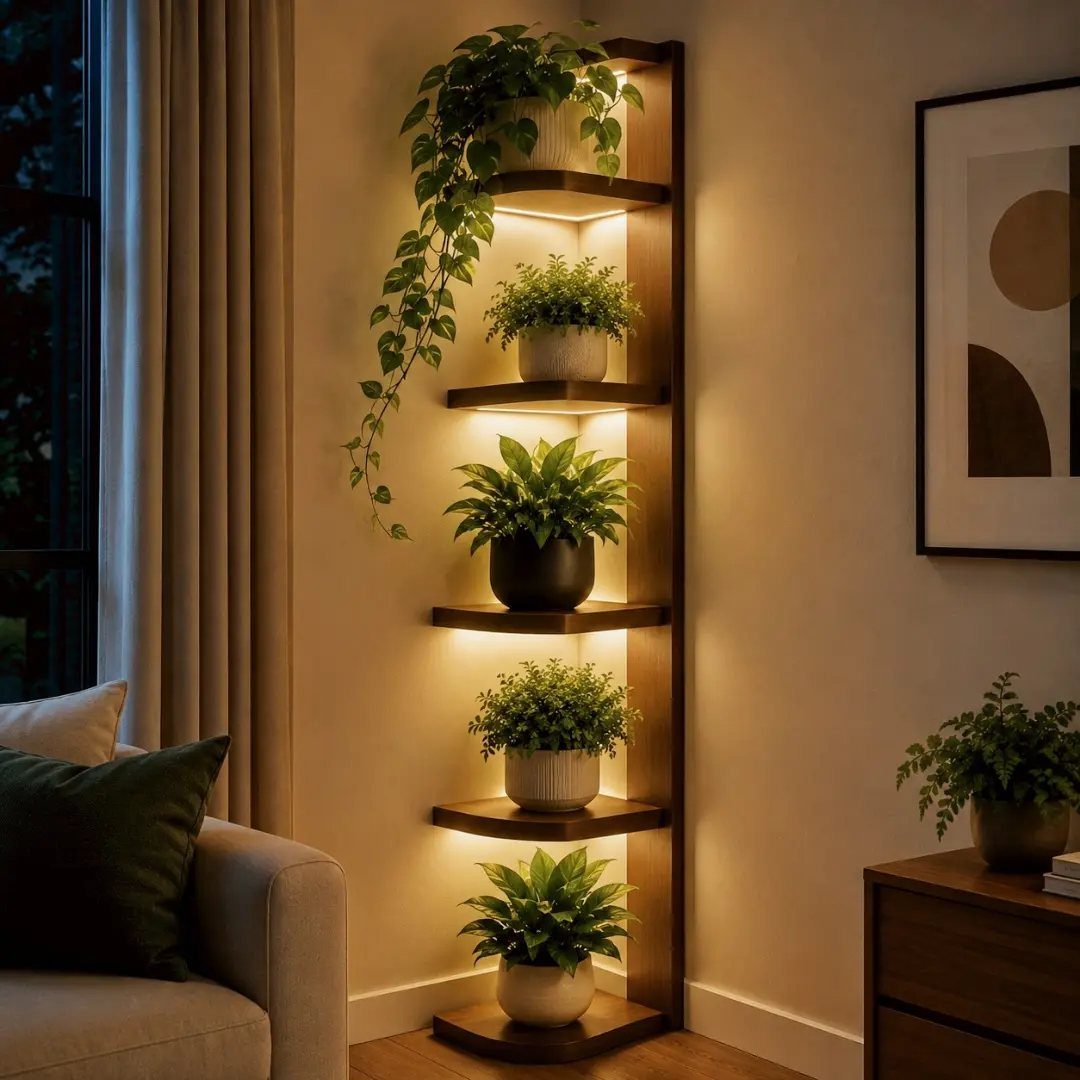 Corner shelving unit with integrated lighting holding potted plants and trailing greenery.