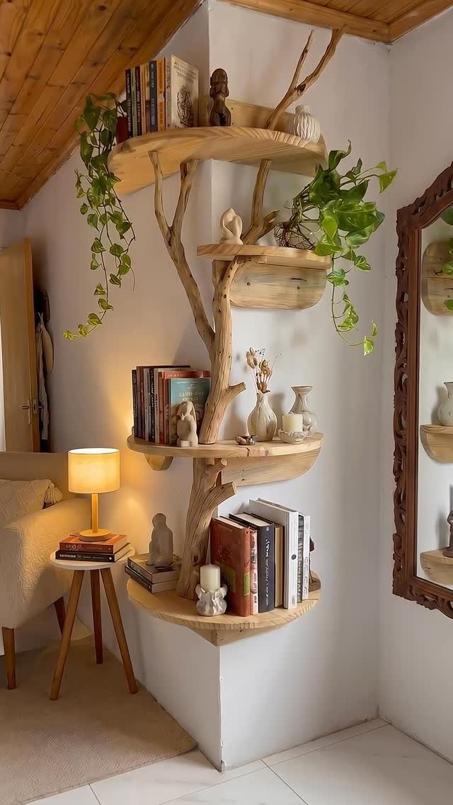 Tree branch wooden shelves on a white wall with books and green plants