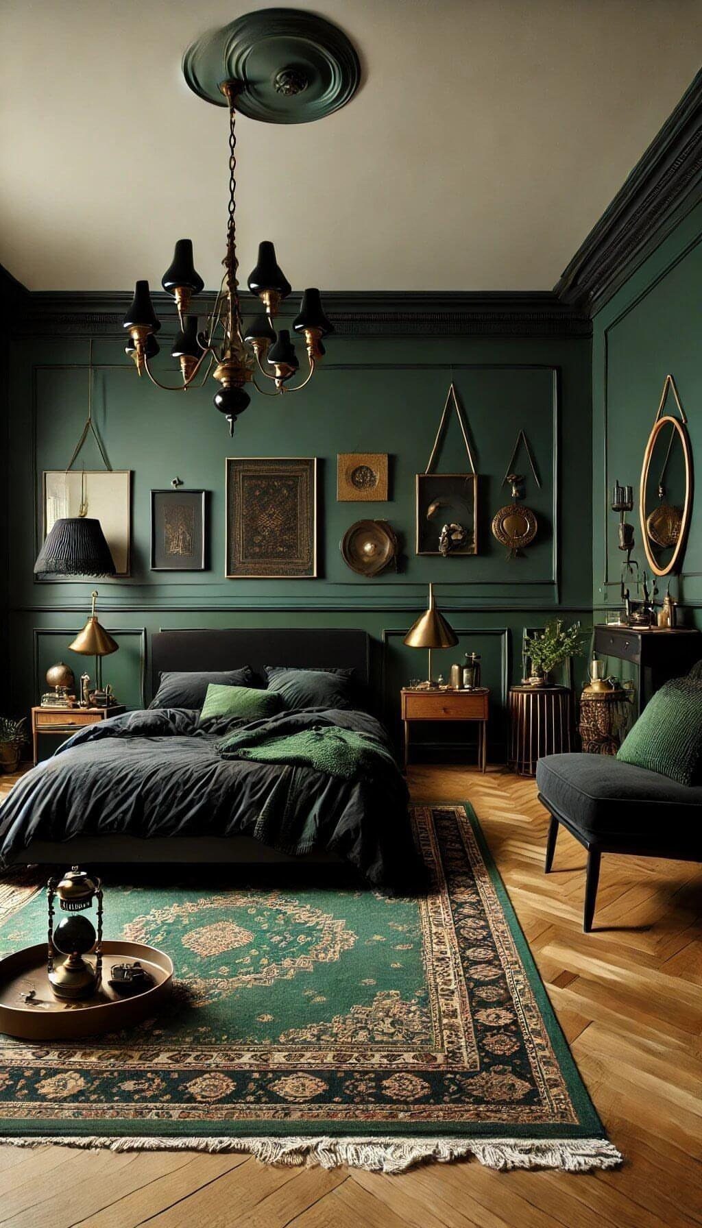Deep forest green bedroom walls with dark trim, black bedding, and gold accents.