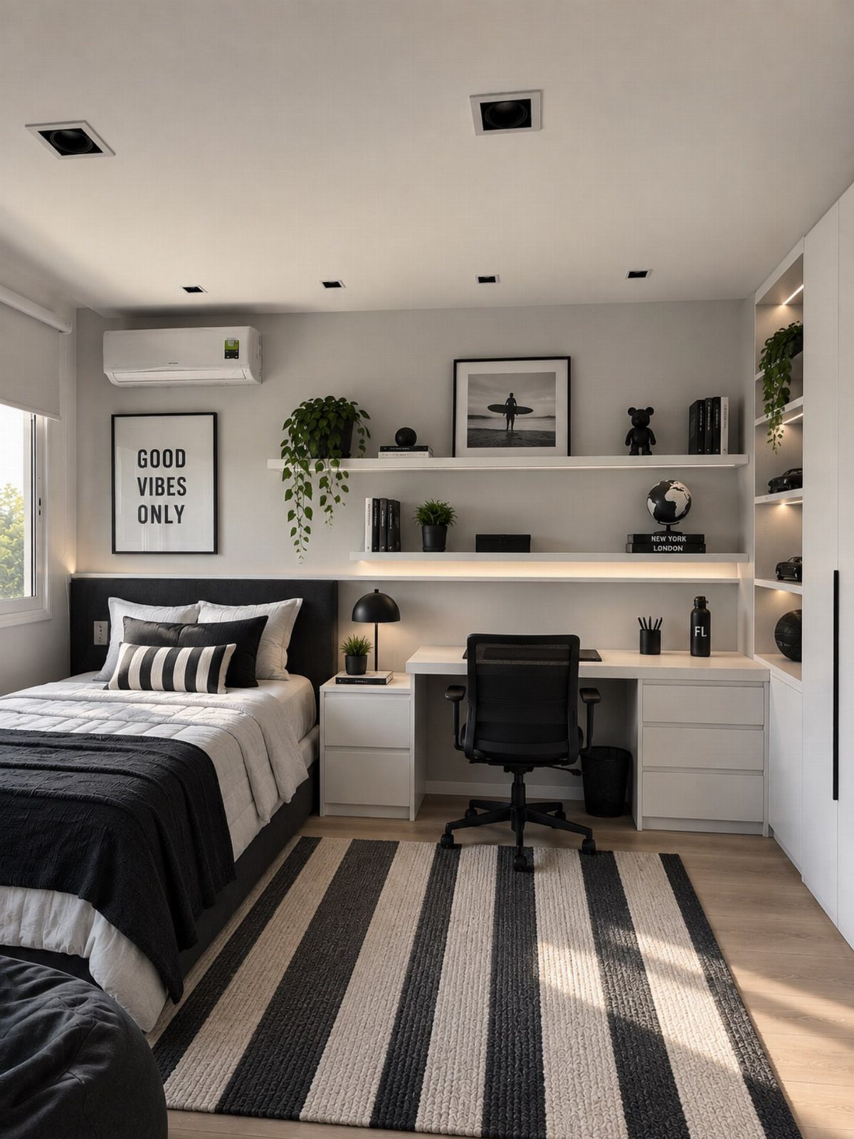 Small bedroom with light grey walls, white furniture, and black and white accents.