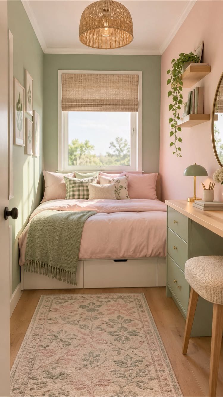 Small bedroom with soft pink and light green walls and pink bedding.