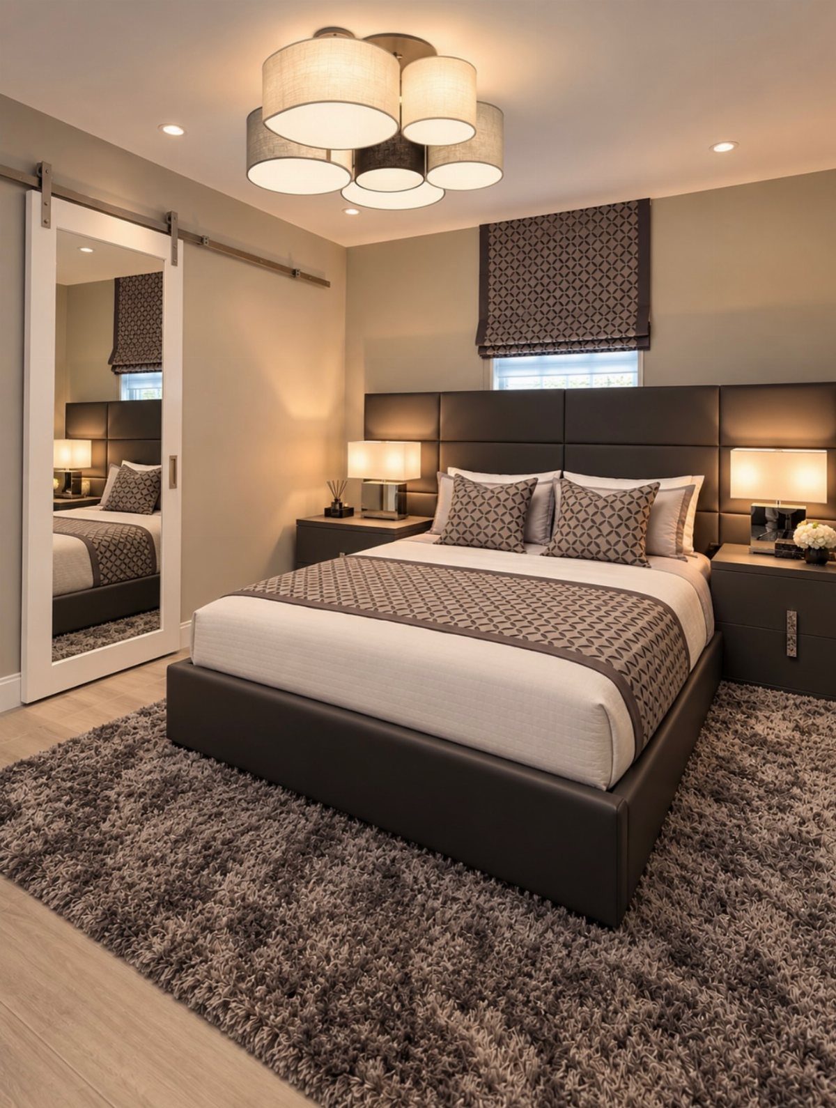 Modern bedroom with a dark brown bed, shaggy grey rug, and bedside lamps.