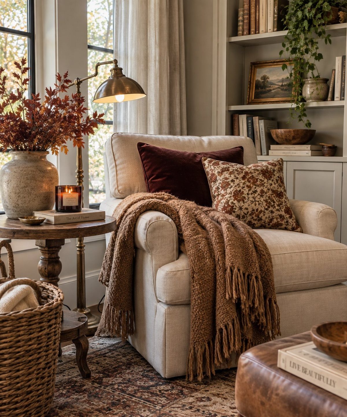 Cream armchair with brown throw blanket and pillows next to a wooden side table.