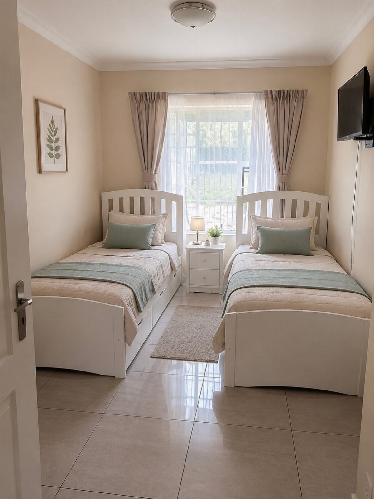 Two white twin beds with sage green accents in a bright guest bedroom
