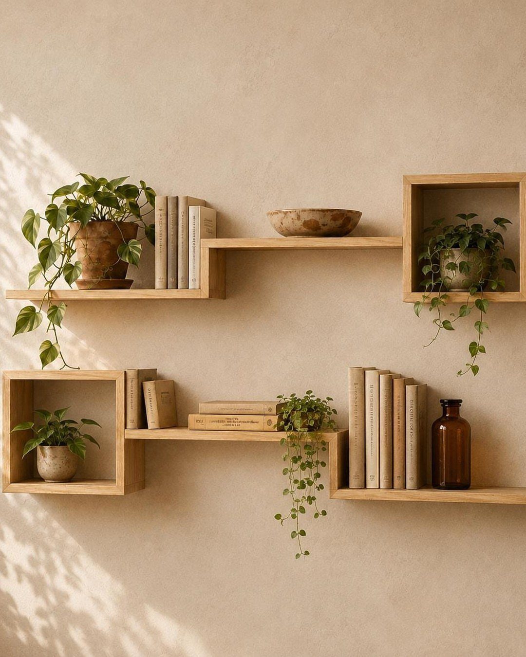 Wooden wall-mounted shelves holding books and green plants against a beige wall