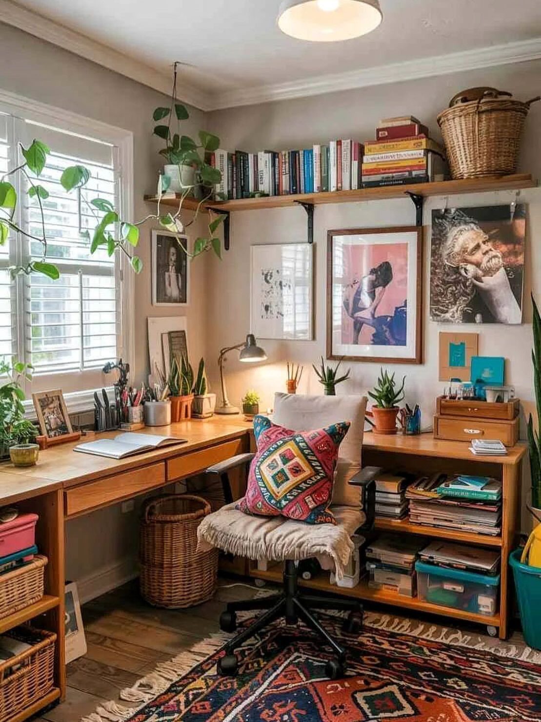Wooden L-shaped desk in a cozy office with a patterned rug and plants.