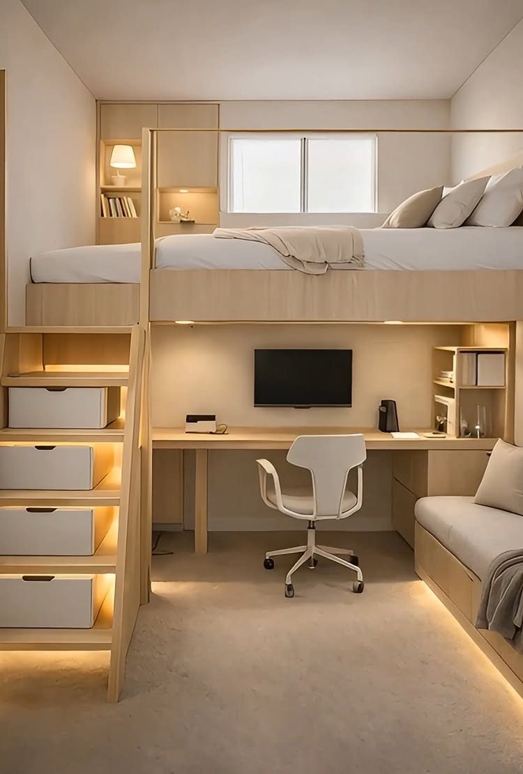 Loft bed with a built-in desk and office chair underneath in a small room