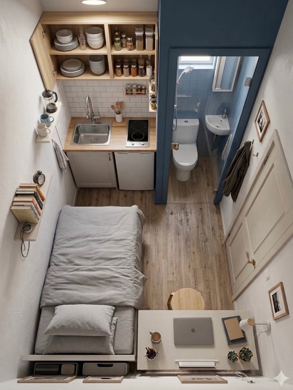 Tiny studio apartment with a single bed, small workspace, and compact kitchenette.