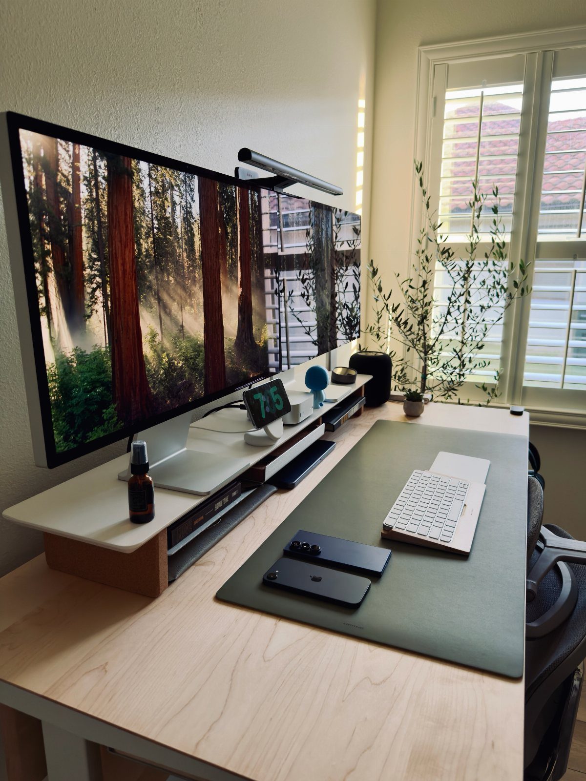 Light wood desk with a large monitor, keyboard, and plant by a window