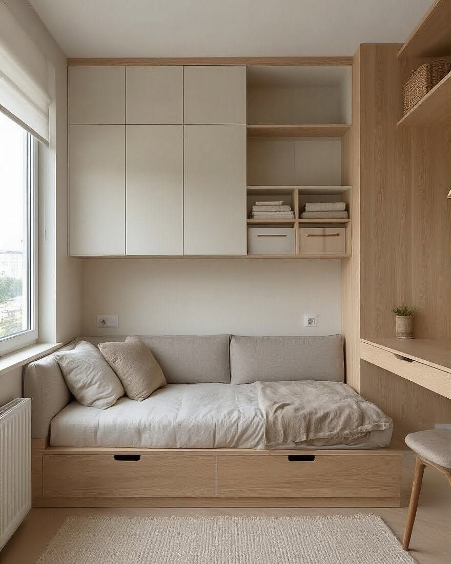 Daybed with built-in wooden storage drawers and overhead white cabinetry in a neutral room.
