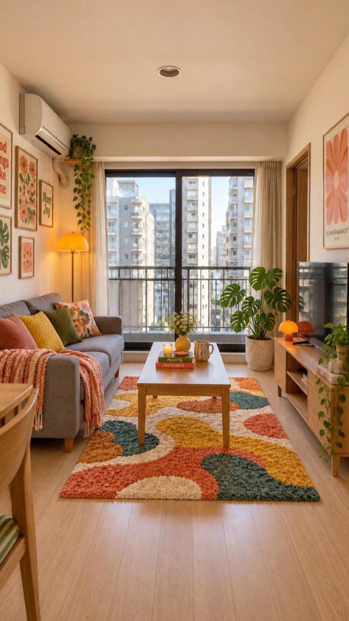 Small living room with colorful rug, grey sofa, and balcony view of city buildings