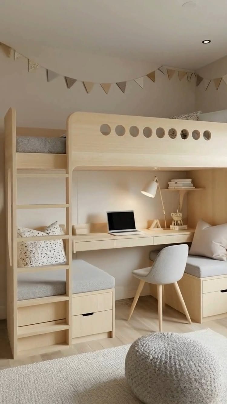Light wood loft bed with integrated desk and storage drawers in a bedroom