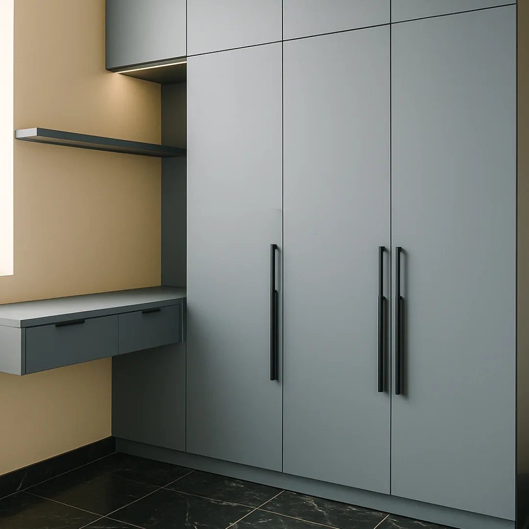 Grey floor-to-ceiling wardrobe with black handles next to a wall-mounted desk.