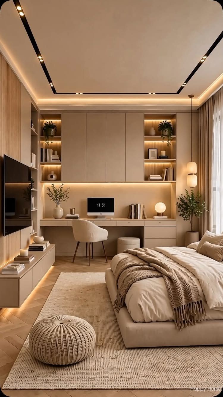 Modern small bedroom with layered lighting including ceiling tracks and under-cabinet LEDs