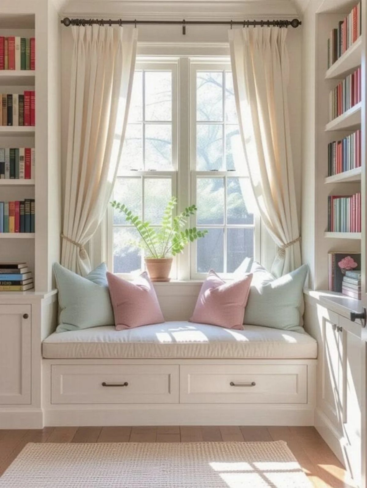 White built-in window seat with storage drawers, pastel pillows, and flanking bookshelves.
