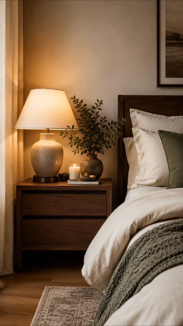 Dark wood nightstand with a lit lamp and green plant beside a bed.