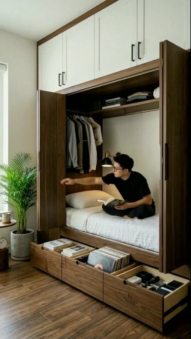 Man sitting on a bed integrated into a multifunctional wooden storage cabinet unit.