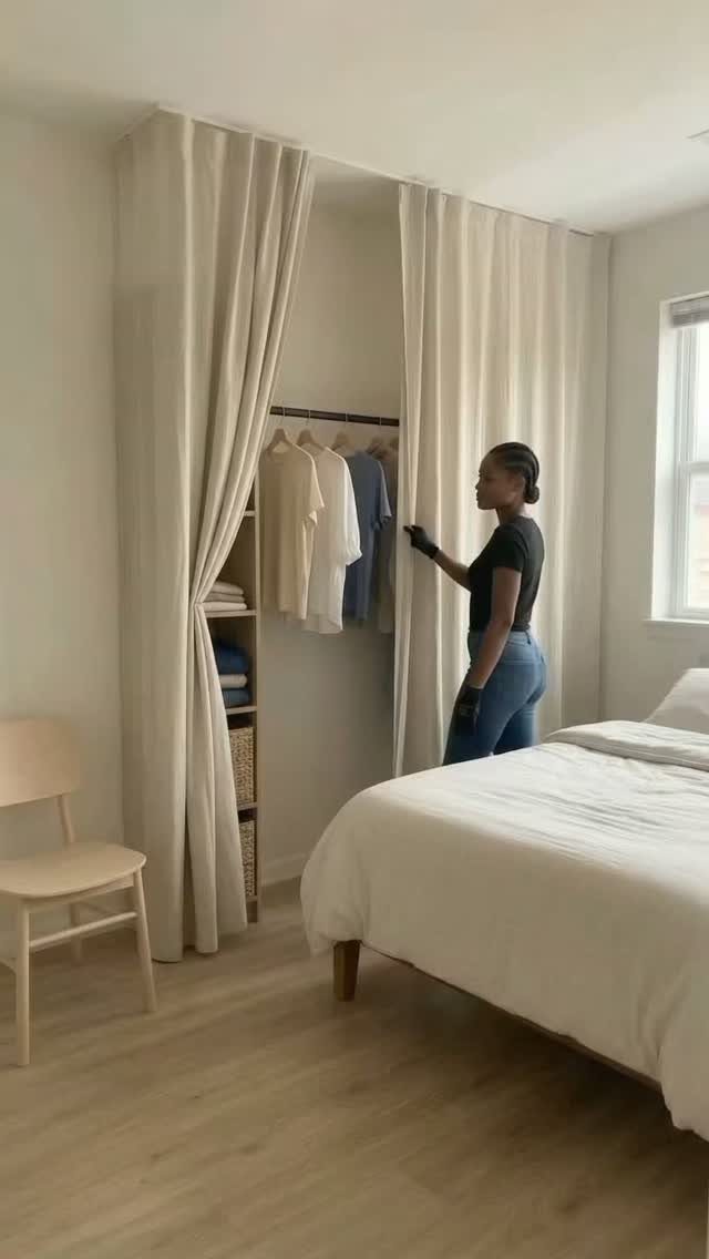 Woman opening beige curtains to reveal a small bedroom closet with hanging clothes.