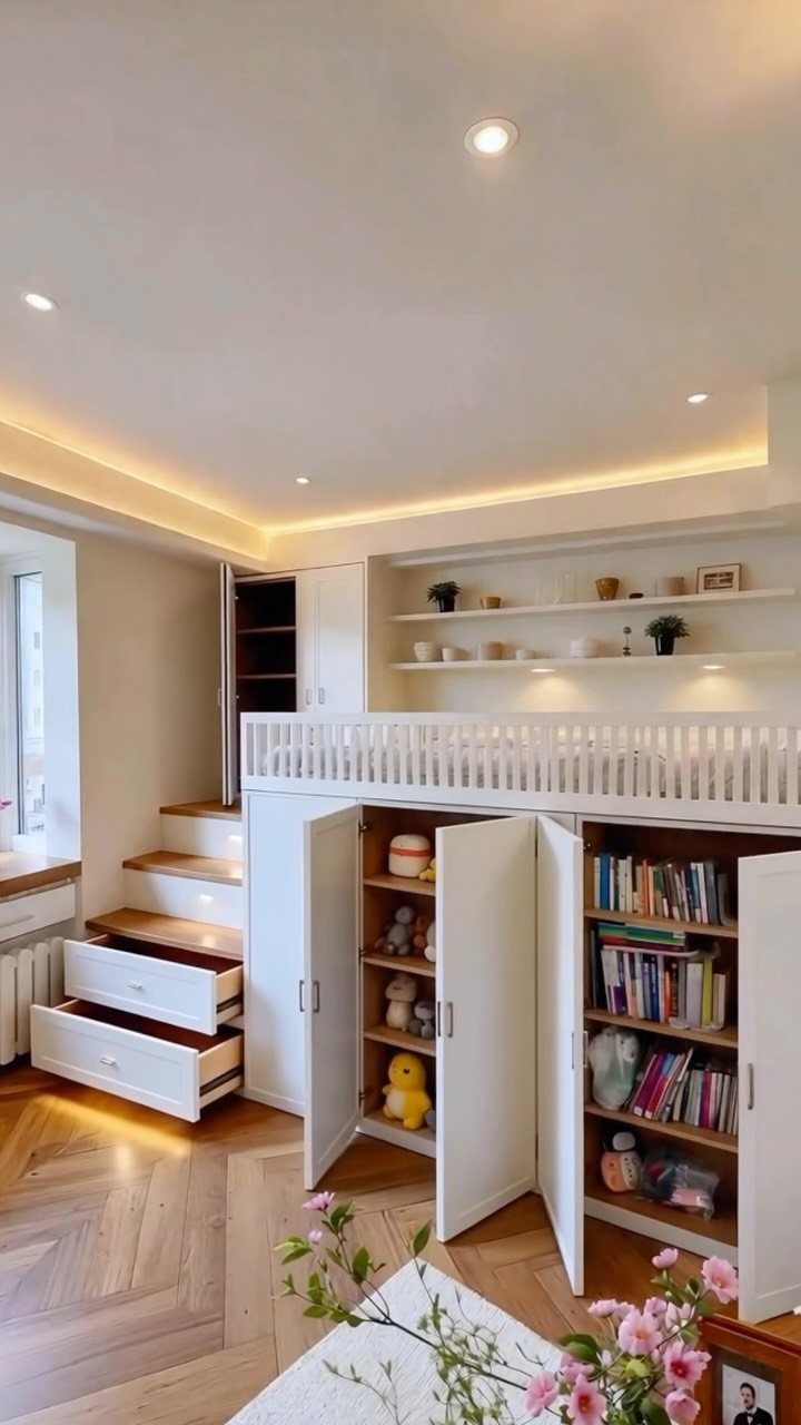 Loft bed with built-in storage drawers in stairs and cabinets underneath.