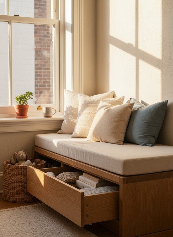 Wooden window seat with a white cushion and a pull-out storage drawer.