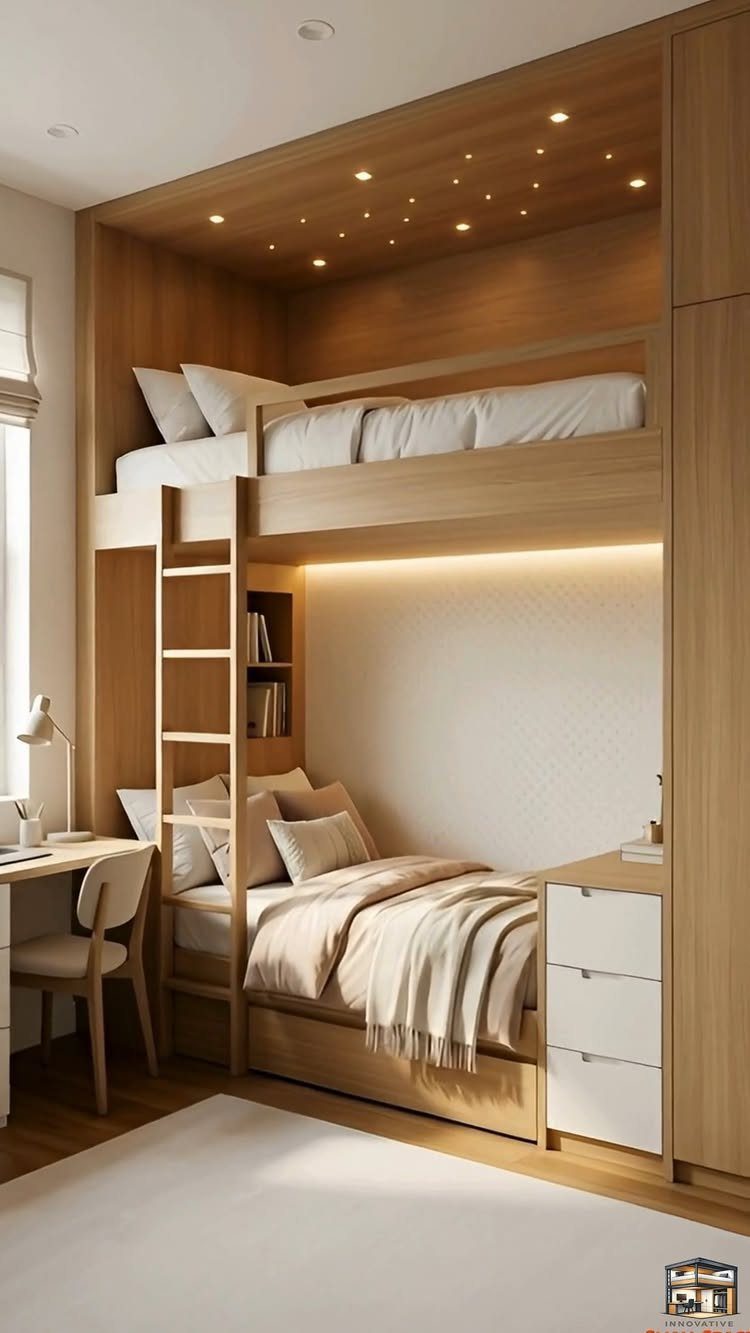 Wooden built-in bunk beds in a small modern bedroom with integrated lighting and desk.