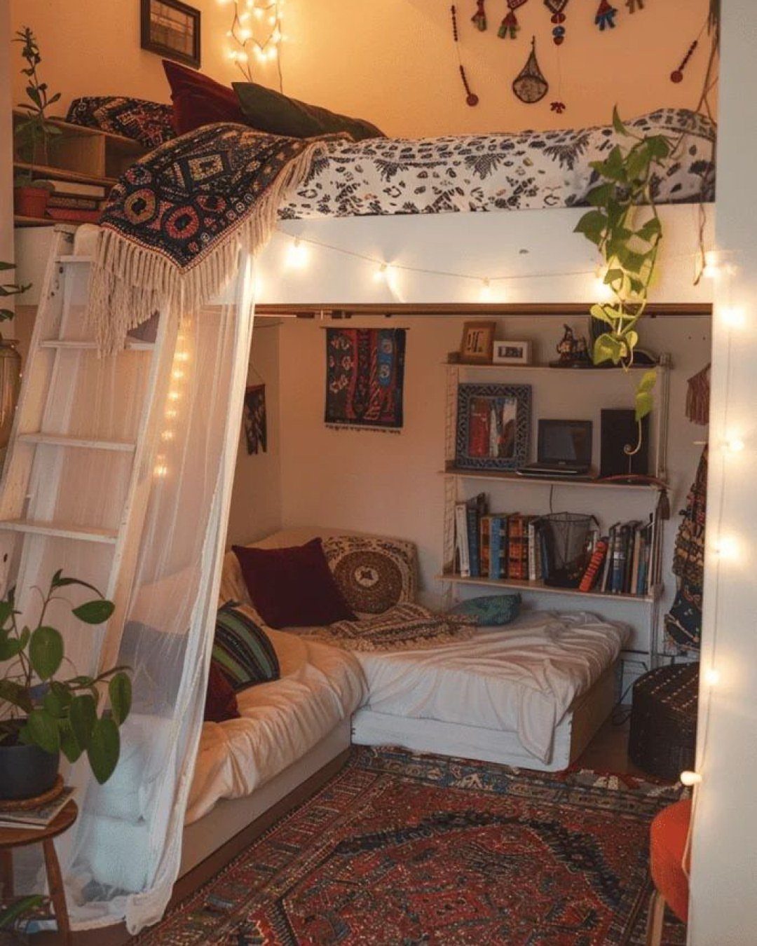 White loft bed with a cozy lounge area and sectional sofa underneath.