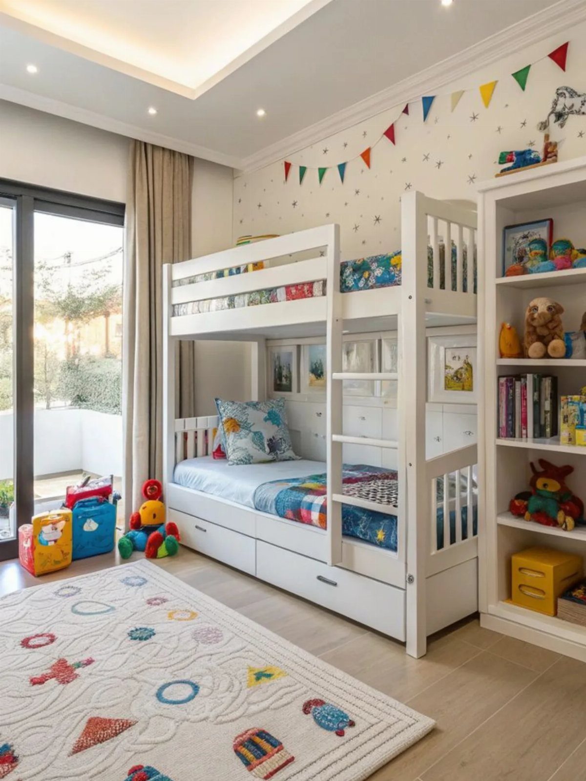 White wooden bunk bed with storage drawers in a bright child's bedroom