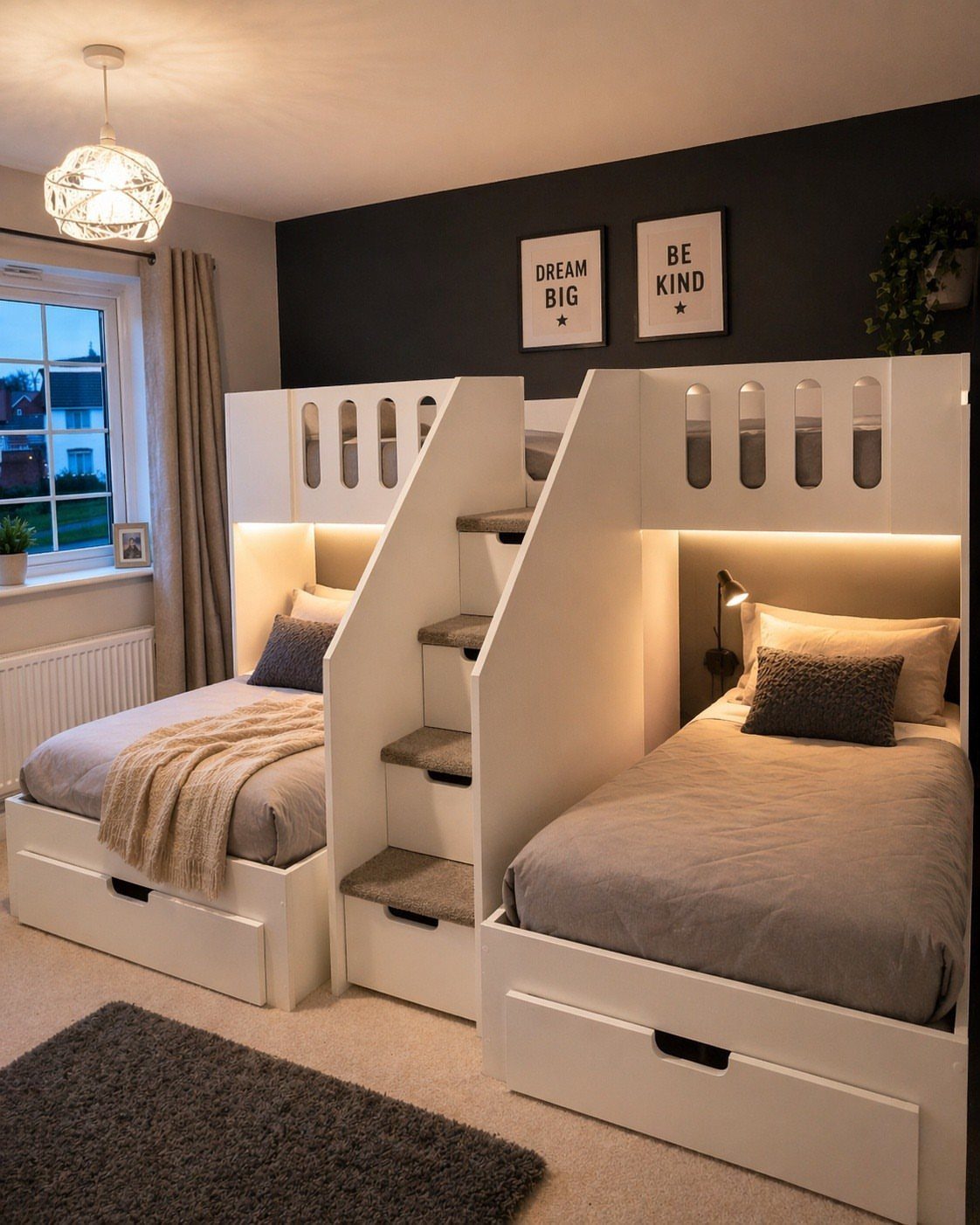 Two white wooden loft beds with grey bedding in a modern bedroom.