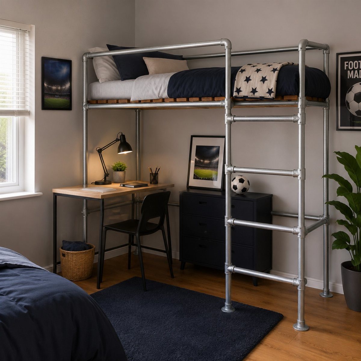 Industrial pipe-frame loft bed with a built-in desk and navy blue dresser underneath.